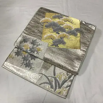 F-9 순수 실크 후쿠로 오비 육통 패턴 실버 골드 화이트 계열