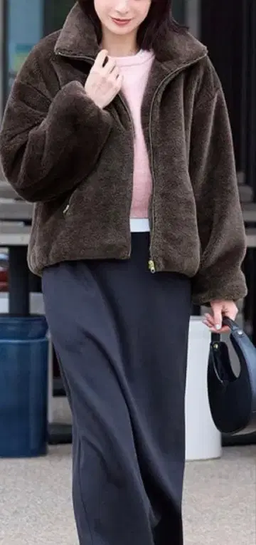 coca 워셔블 인조 모피 스탠드 카라 블루종 브라운 M