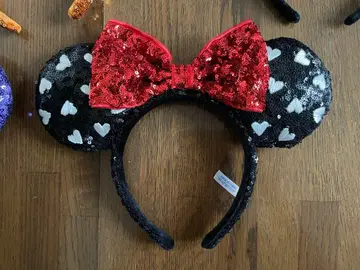 디즈니 머리띠 블랙 화이트 하트 빨간색 리본 스팽글