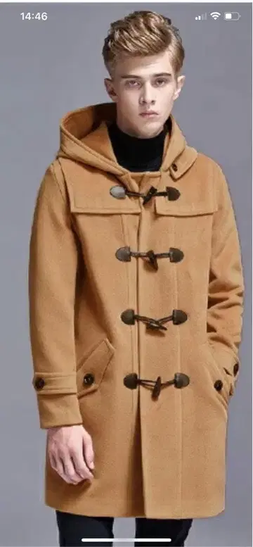 카멜 후드 부착 더플 코트