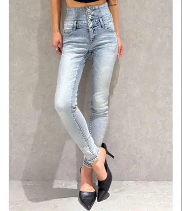 GYDA 허리 크로스 스키니 데님 팬츠