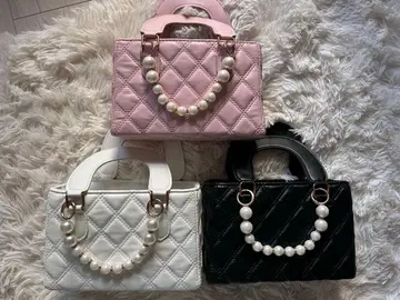 펄 장식 퀼팅 미니 핸드백 3종 세트 (핑크, 화이트, 블랙)