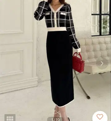 배색 체크 니트 타이 원피스 royal party