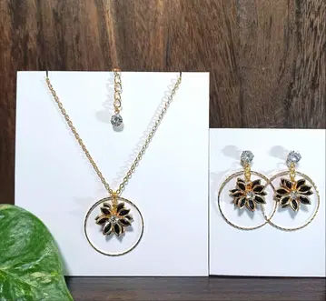 블랙 플라워 *후프 반지 목걸이 포스트 귀걸이 Set*No.1454