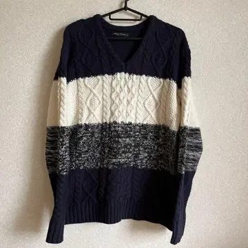 남성용 네이비 V넥 니트 스웨터 보더 L 사이즈