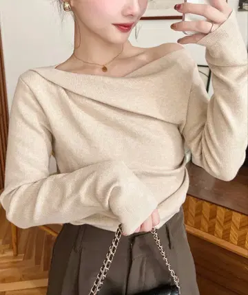 원숄더 드레이프 리브 니트 풀오버 (원숄 니트 드레이프 니트)