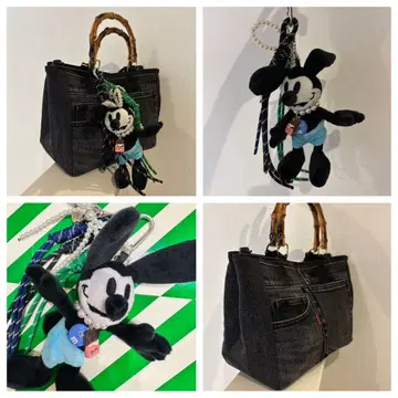 블랙 데님 백, 대나무풍 손잡이, 오즈왈드 키링 포함