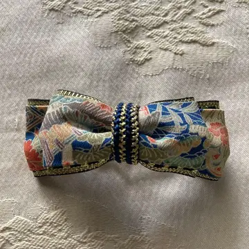 네이비 금색 트리밍 블루 계열 일본풍 패턴 리본 머리핀 머리 장식