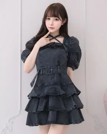 pium 티어드 프릴 미니 원피스 데님 양산형 지뢰 피