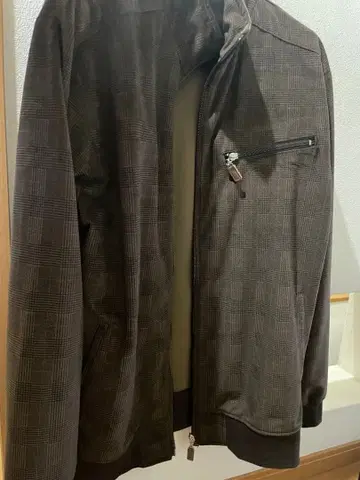 브라운 체크 무늬 2단 옷깃 스웨이드풍 자켓 타카큐