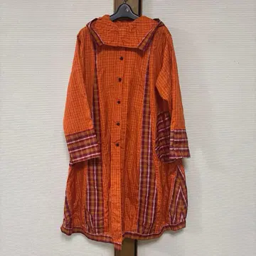 실크 리메이크 롱 코트 후드 부착 손바느질 오렌지 체크 무늬