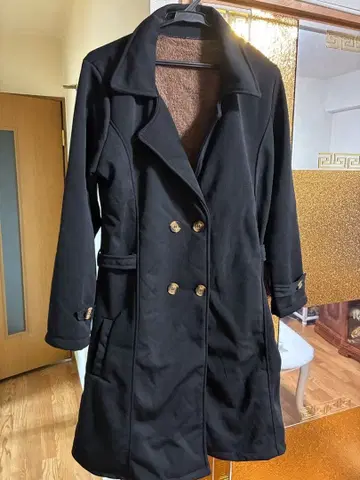 미사용 블랙 더블 브레스트 롱 코트 슬림 속기모