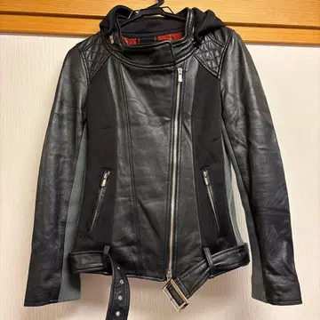 DOUBLE STANDARD 후드 부착 가죽 라이더 자켓 새상품급