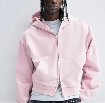 H&M 핑크 후드티 더블 지퍼 후드티 크롭 기장