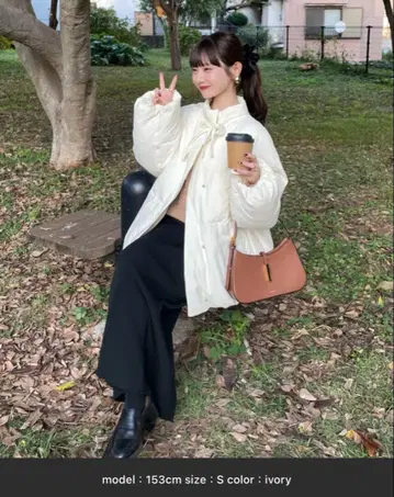 충전솜 리본 미들 코트 아이보리 S 사이즈