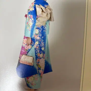 성인식 후리소데 일식 파랑과 핑크 꽃무늬