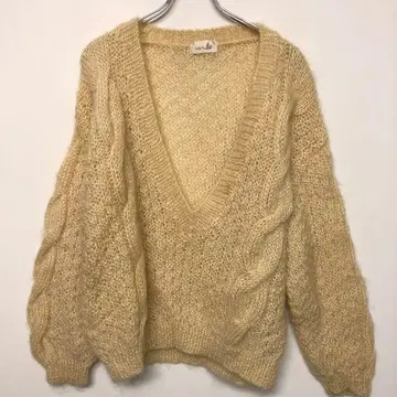 레트로 구제 의류 깊은 V넥 케이블 짜임 풍성한 슬리브 니트 스웨터