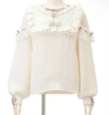 LIZLISA 폼폼 리본 레이스 요크 니트탑 화이트