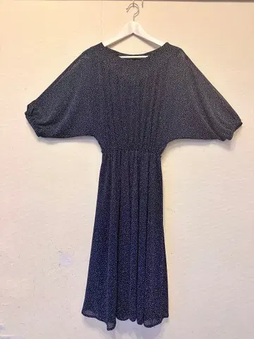 1960년대 영국 구제 의류 네이비 도트 무늬 7부 소매 원피스