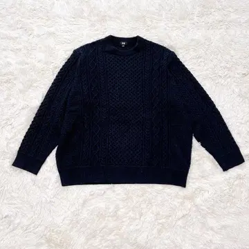 UNIQLO 유니클로 라이트 웨이트 로우 게이지 아란 크루 스웨터 네이비