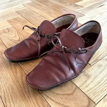 SAYA 로퍼 데크 슈즈 가죽 신발 리본 스퀘어 브라운 가죽