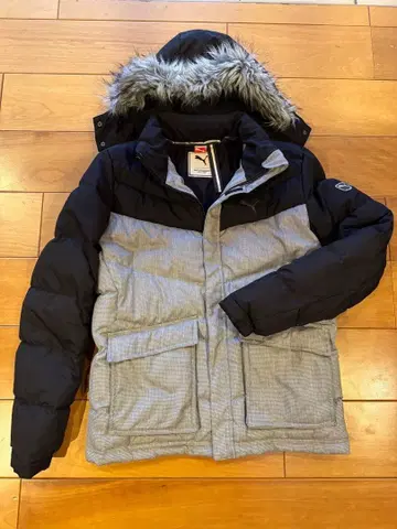 Puma 후드 부착 다운 자켓 그레이/블랙