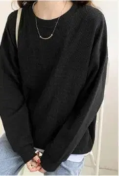 와플 편직 블랙 긴팔 상의