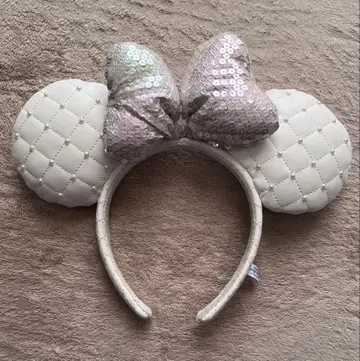 미키 귀 머리띠 (크림색 라메 리본)