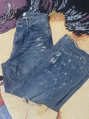 DAIRIKU 데미지 가공 블루 데님 와이드 레그 팬츠