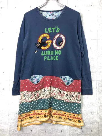 rough 구제 의류 고양이 자수 패치워크 절개 긴팔 티셔츠 원피스