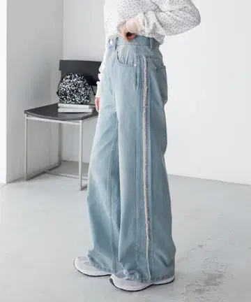 forksy. 사이드 프린지 데님 와이드 팬츠 색스 블루 계열 2