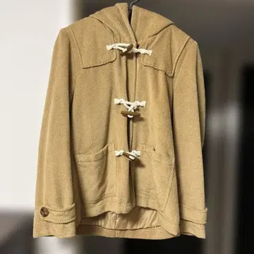 베이지 더플 코트 후드 부착