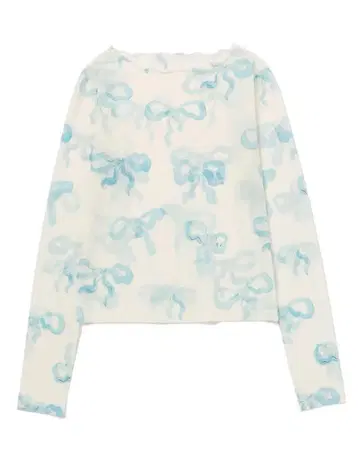 리본 무늬 긴팔 상의 화이트/블루