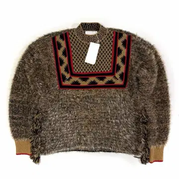 마메쿠로구치 택 포함 에스닉 패턴 프린지 니트 스웨터 브라운 M