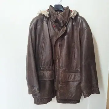 COMET CLUB 브라운 가죽 자켓 퍼 후드 포함