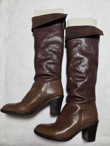 [ 새상품급 ] 천연 가죽 가죽 브라운 롱 부츠 23cm 7cm 힐