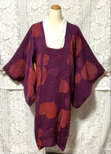 [앤티크] 데미지 있음 미치유키 코트 롱 나뭇잎 패턴 순수 실크