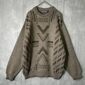 이탈리아제 빈티지 니트 자카드 무늬 탁한 브라운 M