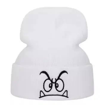 분노 표정 자수 니트 모자 화이트