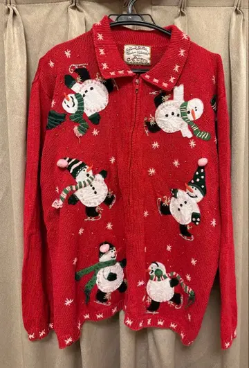 크리스마스 해외 미국 구제 의류 가디건 눈사람 빨간색 상의
