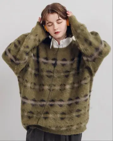 MUHET 가라자카드보더 니트 M 카키