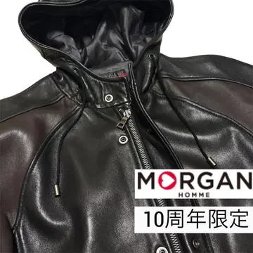 새상품급 10주년 한정판 모건옴므 가죽 자켓 후드 바이컬러 절개