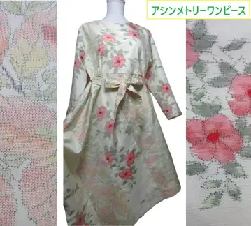 기모노 리메이크  실크 비대칭 꽃무늬 롱 원피스 허리 리본