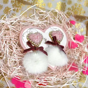 Amooo 귀찌 핑크 트위드 벨벳 리본 퍼