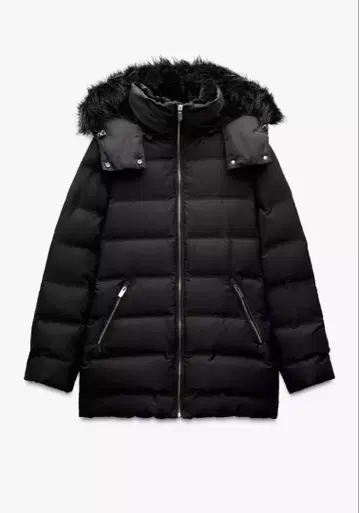 ZARA 세미롱 후드 부착 다운 자켓 블랙 XS