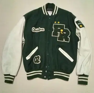 DeLONG 90s 그린 화이트 바시티 자켓 자수 로고