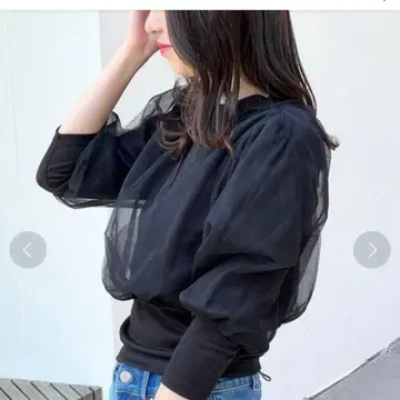 원 웨이 블랙 튤 레이어드 6분 소매 상의