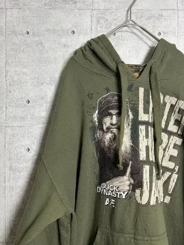 해외 구제 의류 후드티 DUCK DYNASTY 카키 프린트 로고 빅 루즈