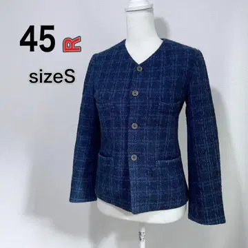 [ 새상품급 ] 사이즈 S 노카라 자켓 45R 체크 네이비 면 모