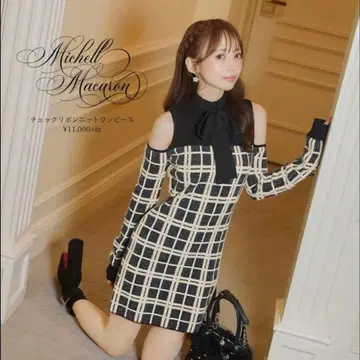 미셸 마카롱 체크 리본 니트 원피스